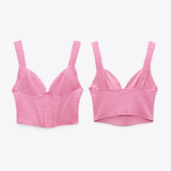 Zara Tops Nwt Zara Pink Textured Tweed Corset Bustier Crop Top